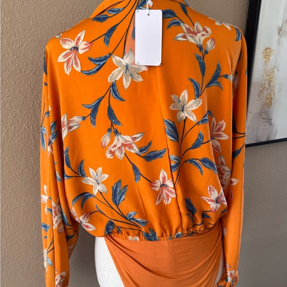 Floral Orange Wrap Long Sleeve Boho Bodysuit - Picture 7 of 9